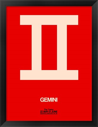 Framed Gemini Zodiac Sign White on Red Print