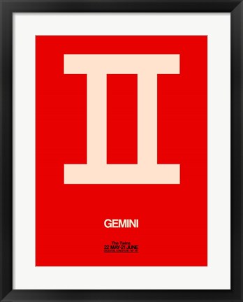 Framed Gemini Zodiac Sign White on Red Print