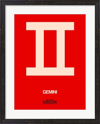 Framed Gemini Zodiac Sign White on Red Print