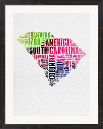 Framed South Carolina Watercolor Word Cloud Print