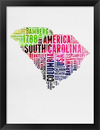 Framed South Carolina Watercolor Word Cloud Print