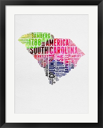 Framed South Carolina Watercolor Word Cloud Print