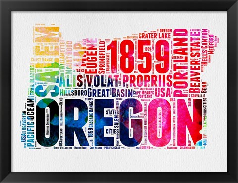 Framed Oregon Watercolor Word Cloud Print