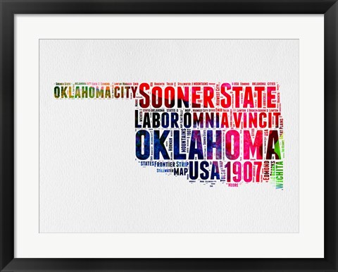 Framed Oklahoma Watercolor Word Cloud Print