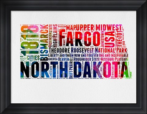 Framed North Dakota Watercolor Word Cloud Print