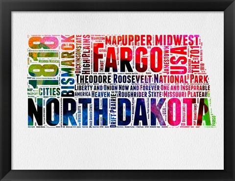 Framed North Dakota Watercolor Word Cloud Print