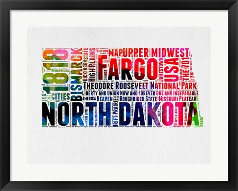 Framed North Dakota Watercolor Word Cloud Print