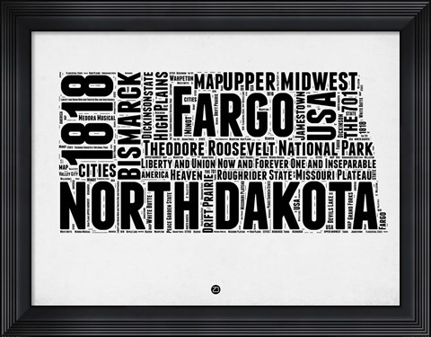 Framed North Dakota Word Cloud 2 Print