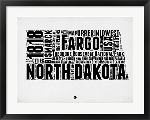 Framed North Dakota Word Cloud 2 Print