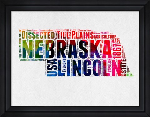 Framed Nebraska Watercolor Word Cloud Print