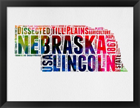 Framed Nebraska Watercolor Word Cloud Print