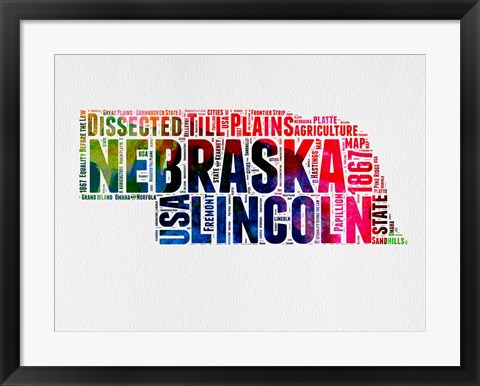 Framed Nebraska Watercolor Word Cloud Print