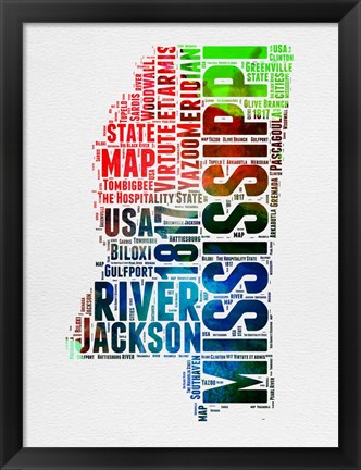 Framed Mississippi Watercolor Word Cloud Print