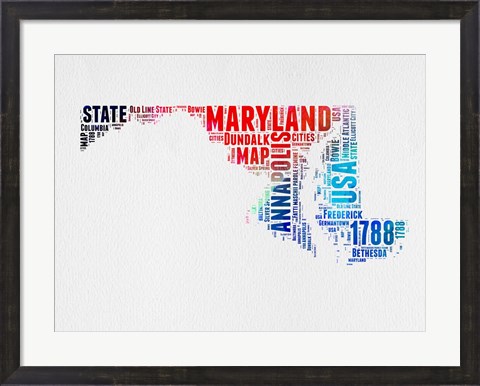 Framed Maryland Watercolor Word Cloud Print