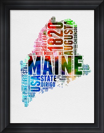 Framed Maine Watercolor Word Cloud Print