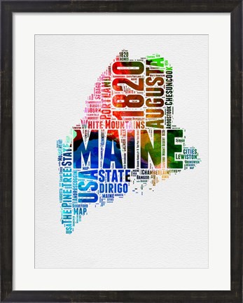 Framed Maine Watercolor Word Cloud Print