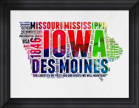 Framed Iowa Watercolor Word Cloud Print