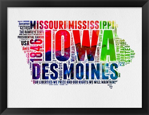 Framed Iowa Watercolor Word Cloud Print