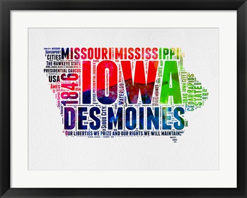 Framed Iowa Watercolor Word Cloud Print