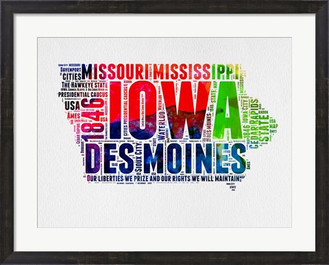 Framed Iowa Watercolor Word Cloud Print