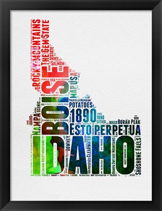 Framed Idaho Watercolor Word Cloud Print