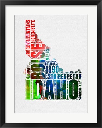 Framed Idaho Watercolor Word Cloud Print