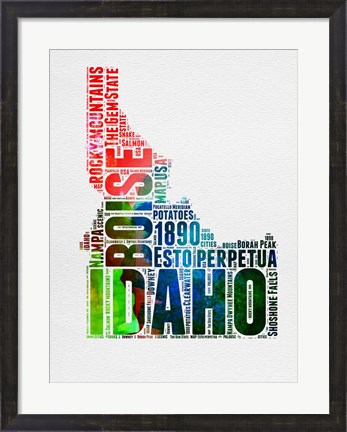 Framed Idaho Watercolor Word Cloud Print