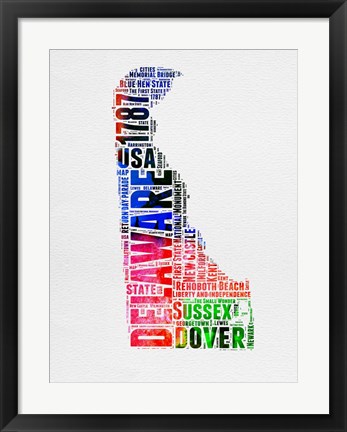 Framed Delaware Watercolor Word Cloud Print