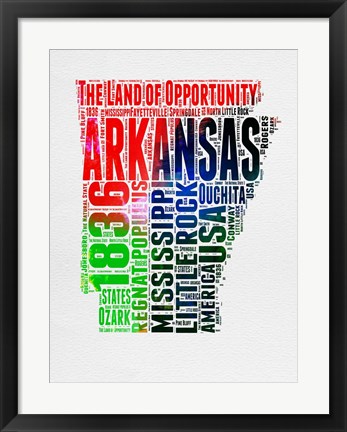 Framed Arkansas Watercolor Word Cloud Print