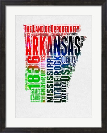 Framed Arkansas Watercolor Word Cloud Print