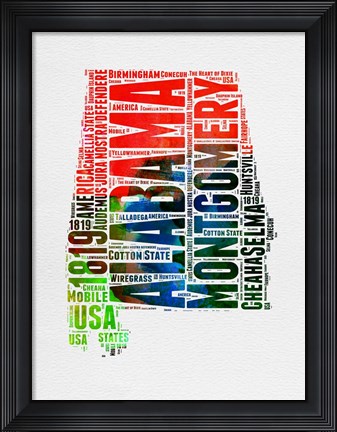 Framed Alabama Watercolor Word Cloud Print