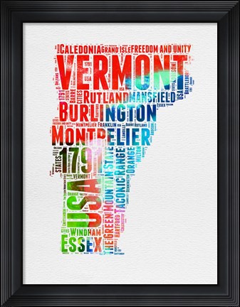 Framed Vermont Watercolor Word Cloud Print