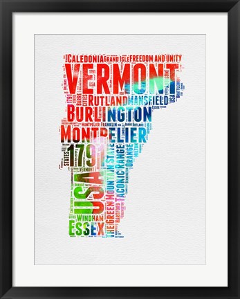 Framed Vermont Watercolor Word Cloud Print