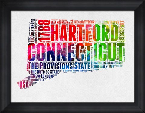 Framed Connecticut Watercolor Word Cloud Print