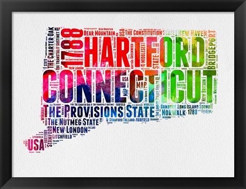 Framed Connecticut Watercolor Word Cloud Print