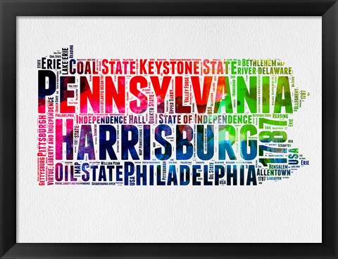 Framed Pennsylvania Watercolor Word Cloud Print