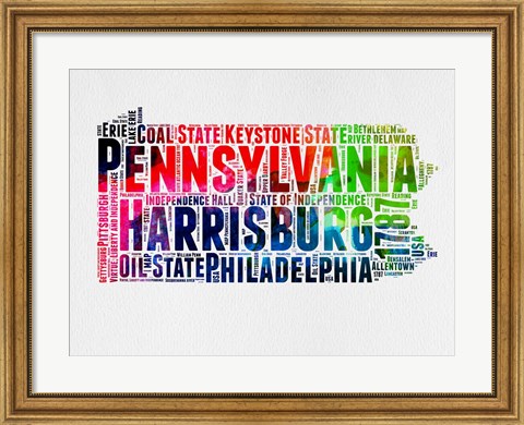 Framed Pennsylvania Watercolor Word Cloud Print