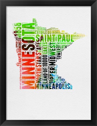 Framed Minnesota Watercolor Word Cloud Print