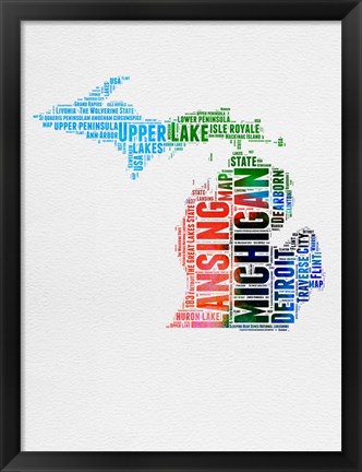 Framed Michigan Watercolor Word Cloud Print