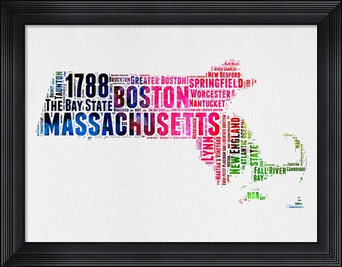 Framed Massachusetts Watercolor Word Cloud Print