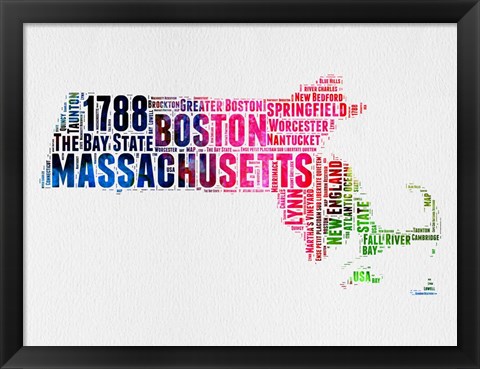 Framed Massachusetts Watercolor Word Cloud Print