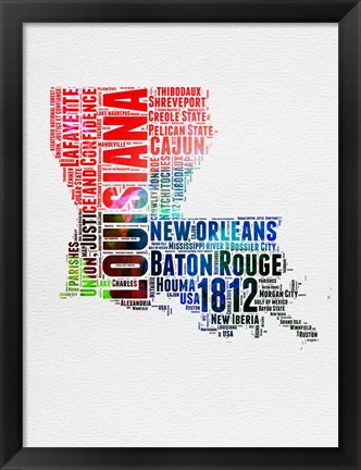 Framed Louisiana Watercolor Word Cloud Print