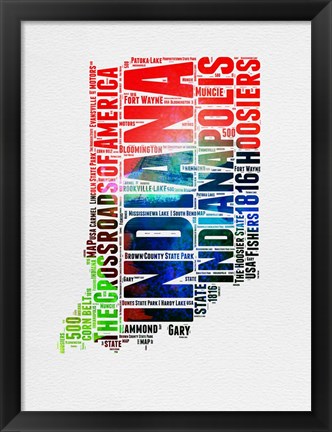 Framed Indiana Watercolor Word Cloud Print