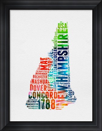 Framed New Hampshire Watercolor Word Cloud Print