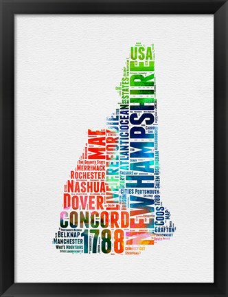Framed New Hampshire Watercolor Word Cloud Print