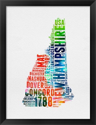 Framed New Hampshire Watercolor Word Cloud Print