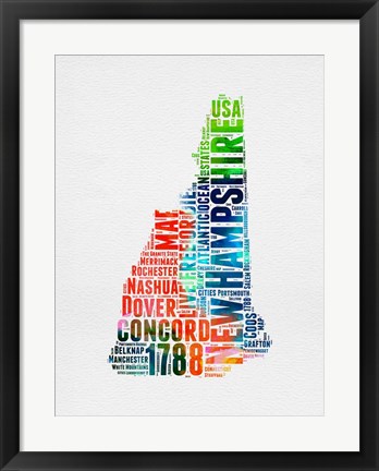 Framed New Hampshire Watercolor Word Cloud Print