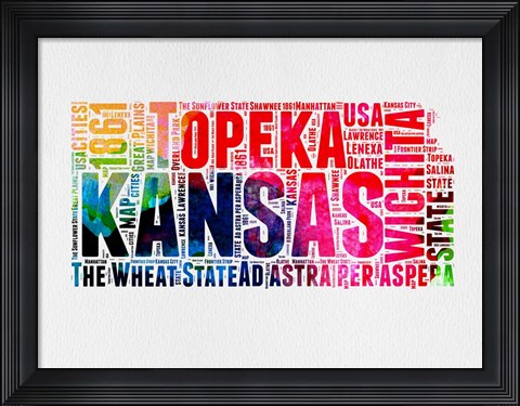 Framed Kansas Watercolor Word Cloud Print