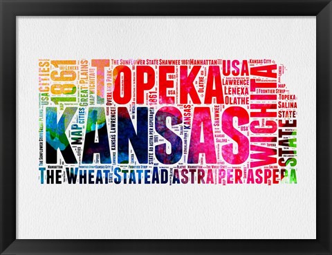 Framed Kansas Watercolor Word Cloud Print