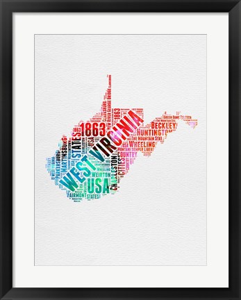 Framed West Virginia Watercolor Word Cloud Print